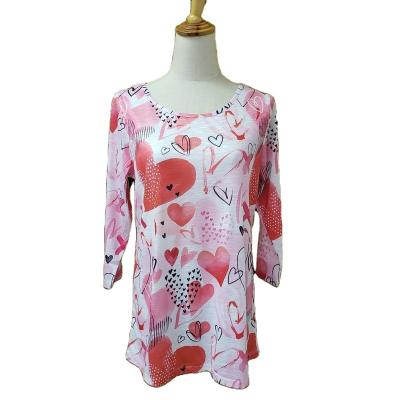 China TOP QUALITY 100% TRANSFER POLYESTER anti-pilling NEW DESIGN PRINTING PINK AROUND NECK HALF SLEEVE T-SHIRT FOR LADIES for sale