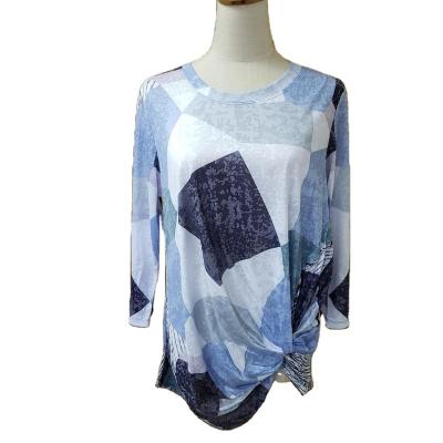 China Anti-pilling NEW PRODUCT BEST SELLING 65% POLYESTER 35% VISCOSE OVER ALL LONG SLEEVE CREW NECK WOMEN PRINT TEE SHIRT BLUE FOR LADIES for sale