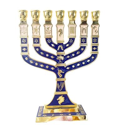 China Home Decoration 5 Colors 28cm*20.5 cm 7 Branch Menorah Blue Brass Enamel Tall Gold Plated 7 Branch Tribes Of Israel Jerusalem for sale