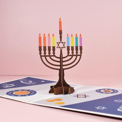 China Europe Happy Hanukkah Cards Funny Auto 3D Card For Jewish Festival Greeting Card Postcard Hexagram Candelabra Menorah for sale