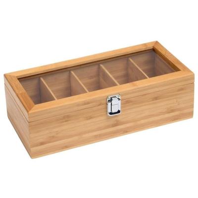 China 2020 Hot Sale Handmade 5 Compartments Bamboo Tea Bag Organizer Wooden Box With Transparent Lid Tea Box for sale