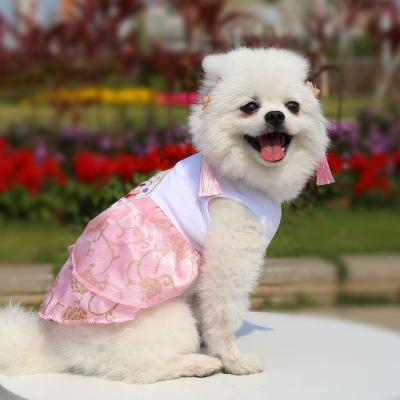 China Stocked Dog Clothes Dress Embroidery Yarn Pink Skirt Sleeveless 2 Legs For Teddy Pomeranian Designer Dog Clothes for sale