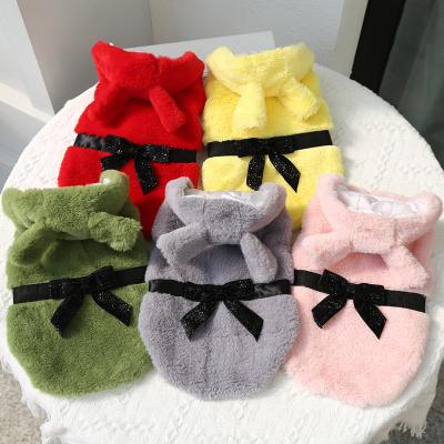 China Stocked Dog Clothes Faux Solid Color With Hat And Bow Rlement Sleeveless For Legs Teddy Dog And Cat Clothing Spring And Winter 2 for sale