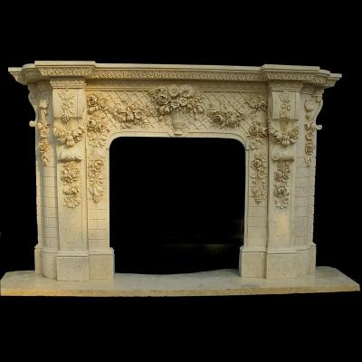 China Traditional Home Indoor Decoration Fireplace Mantel Hand Carved Beige Marble Fireplace for sale