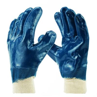 China Anti-slip Blue Nitrile Fully Coated Work Gloves with Smooth Finish Knit Wrist Oil Acid Alkali Resistant safety gloves for sale