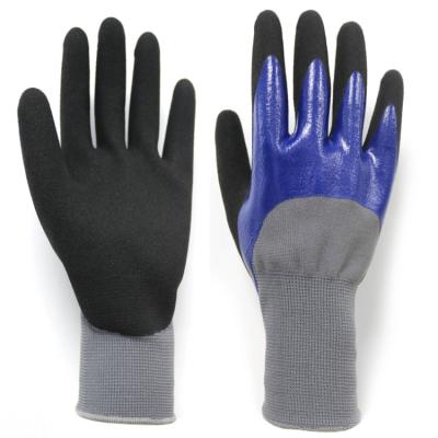 China Anti-slip 13G Grey Polyester Liner 4/3 Blue Smooth Nitrile Double sandy coated GLoves  safety gloves working gloves for sale