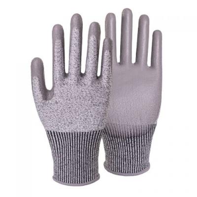 China Metal handling &Glass manufacturing Hot sale guantes13G Anti Cut c Level 5 Gray PU Coated Hppe Cut Resistant Safety Work Gloves for sale