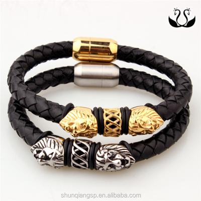 China Titanium Black Braided Leather Titanium Lion Men Bangle Bracelet With Buckle for sale