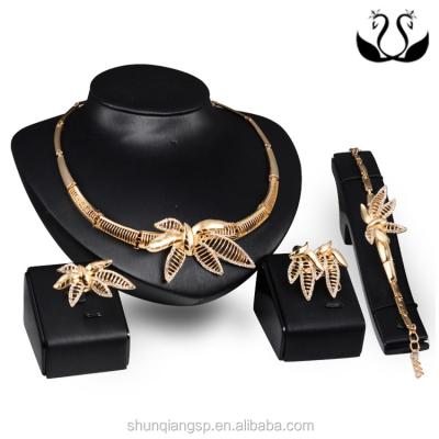 China Popular ALLOY Gold Plated Leaf Necklace Earring Ring Bracelet Jewelry Set for sale