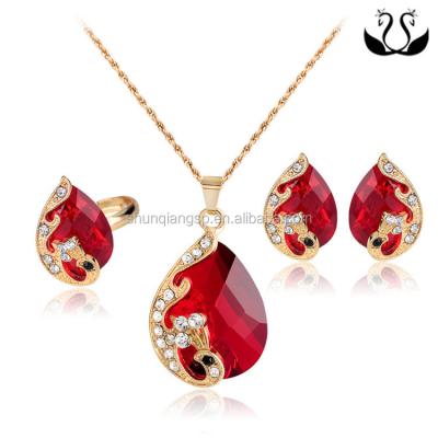 China ALLOY Multi Colored Crystal Peacock Necklace Earring Ring Jewelry Set Three Pieces for sale