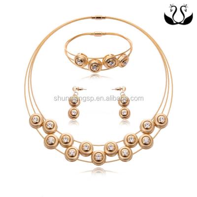 China Gold Plated Stainless Steel Diamond Necklace Earring Bracelet Jewelry Set for sale