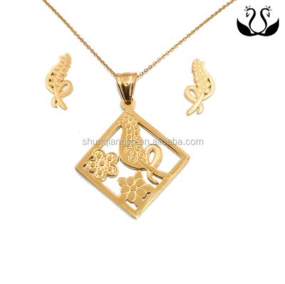 China Beautiful Stainless Steel Women Gold Color Flower Necklace Earring Jewelry Set for sale