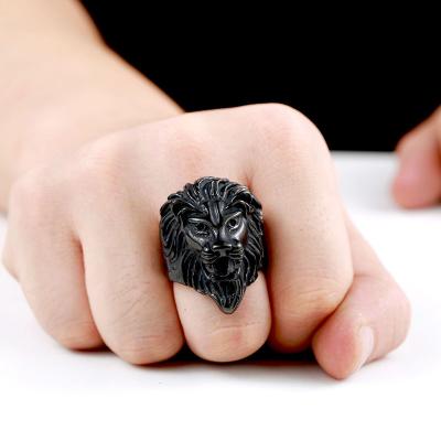 China Stainless Steel New Arrival Exaggerate Mens Stainless Steel Black Cast Lion Head Animal Ring Jewelry for sale