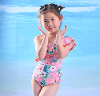 China 2021 New Style Girls Swimwear Anti-UV Headband with Hawaii Print Pompom Tendr Reuse-Fabric Kids Swimwear for sale