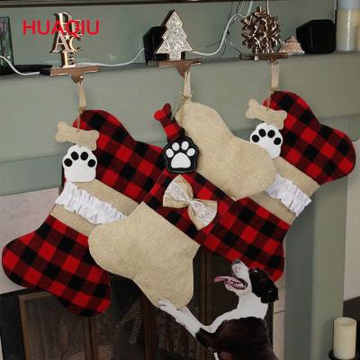 China Wholesale Fabric Ourwarm Christmas Decoration Dog Bone Burlap Plaid Christmas Stocking For Pet for sale