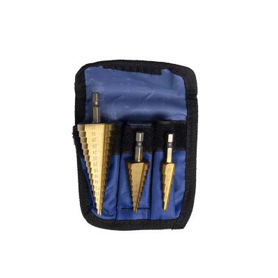 China Metal Steel Drilling 3 Pcs Titanium Nitride Step Drill Bits 4-12/4-20/4-32mm hss 4241 Metric Hex Shank Shank Set With Canvas Bag for sale