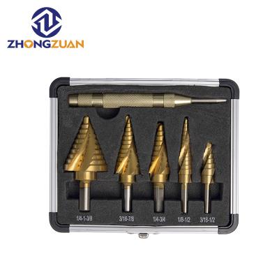 China Zhongzuan 6pcs(m2) steel inch metal drill box hss 6542 aluminum titanium plated spiral spline step drill bits for metal for sale