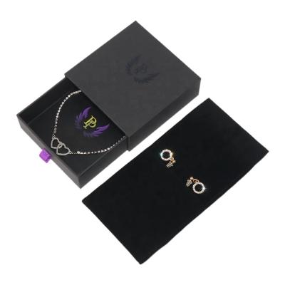 China Eco-friendly Free Sample Custom Logo Ring Earring Necklace Paper Jewelery Gift Packaging Boxes Small Black Drawer Jewelry Box With Pocket for sale