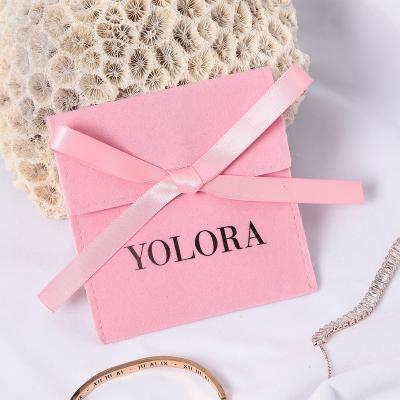 China Custom Envelope Style Logo Satin Striped Necklace Pouch Rose Envelope Flap Jewelry Packaging Velvet Bag With Bow-knot for sale