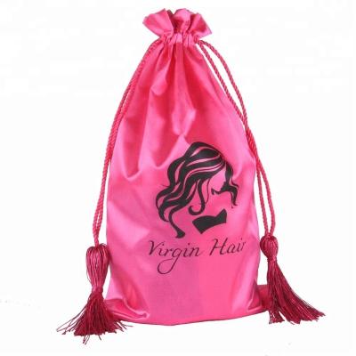 China Fashionable Custom Logo Drawstring Pouch Hot Sale Large Pink Satin Hair Extensions Storage Bag With Tassel for sale