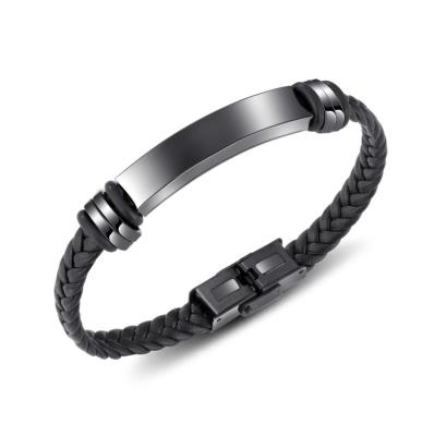 China FASHIONABLE Curved Titanium Steel Handmade Braided Leather Man and Women Engravable Brand Bangle Bracelets Steel Buckle Rope Bracelet for sale