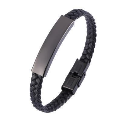 China Stainless Steel Brand CLASSIC Inscription Curved Bracelet Braided Black Titanium Leather Rope Buckle Bracelets Jewelry For Friend Lover Gift for sale