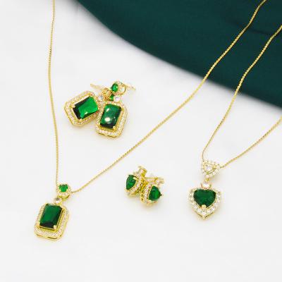 China Vintage Hot Sale Green Zircon Pendant Titanium Steel Jewelry Set 18K Gold Plated Stainless Steel Necklace Earring Sets Women for sale