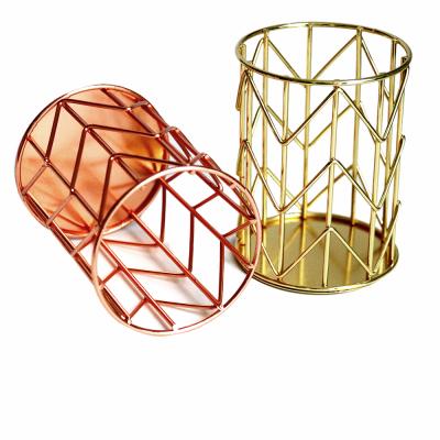 China 2021 High Quality Factory Direct Sale Morden Metal Wire Storage Type Around Rose Gold Desktop Pen Holder Office Supplies for sale