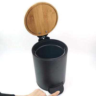 China Sustainable 3L 5L Metal Round Waste Pedal Bin With Lid Bamboo Waste Bin Recycling for sale