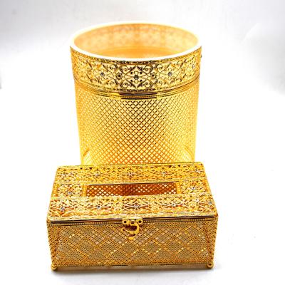 China Sustainable Hotel Home Gold Plated Metal Bins Tissue Box Set Waste Bin for sale