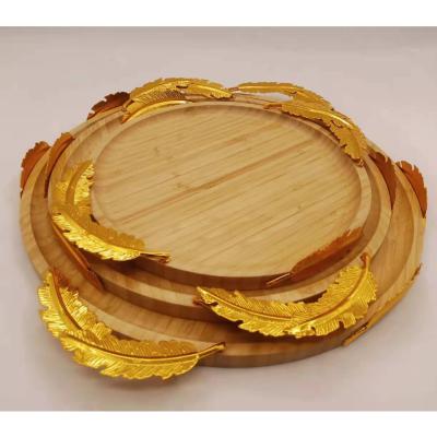 China Good Quality Durable Restaurant Bamboo Wooden Bread Serving Tray With Gold And Silver Handle for sale