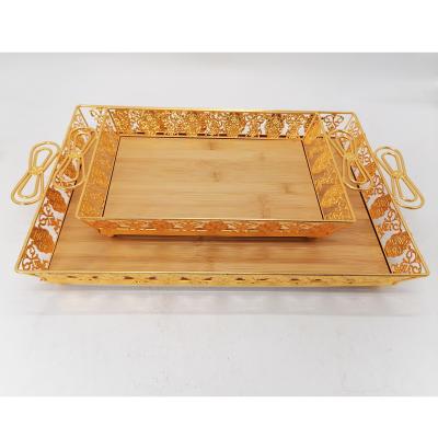 China Chinese Wholesale Creative Golden Brown Handle Arc Pattern Factory Wooden Serving Tray Eco-friendly Design Modern Outdoor Wooden Food Tray for sale