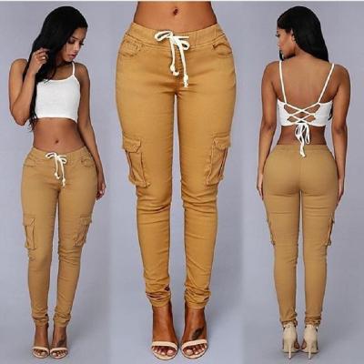 China Anti-Wrinkle Women Sport Pants Casual Pants Overalls Waist Drawstring Solid Color Multiple Pocket Pants for sale