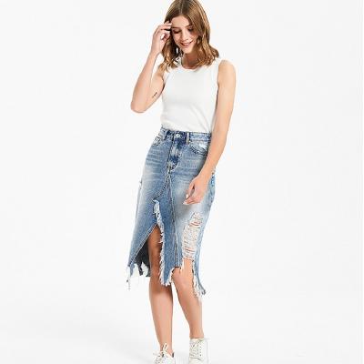 China 2021 new arrivals breathable irregular fringe ripped denim skirt women's mid-length hip denim skirt for sale