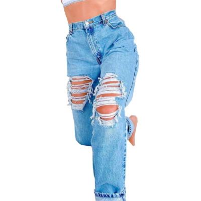 China 2021 New Arrival Women's Plus Size Denim Blue Mid Waist Hole Pants Skinny Jeans for sale