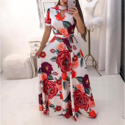 China Fashion Anti-Static Flowers Print Lace Up Maxi Dress O-Neck Long Short Sleeve Hollow Out Casual Women Dress for sale