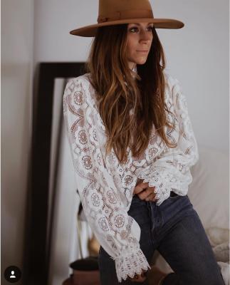 China New Breathable White Color Women Tops Long Sheath Hollow Out Shirt Lady Lace Tops Chiffon Casual Blouse for sale