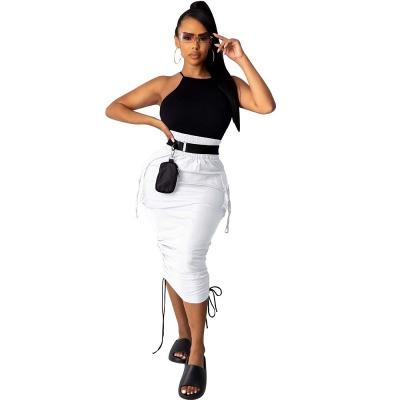 China 2021 Fashion Women High Waist Breathable Sheer Color Pleated Tie Pencil Skirt for sale