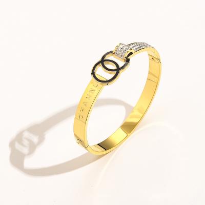 China High Quality New Alphabet Zircon Bangle Enamel Gold Break Titanium Steel Bracelet for sale