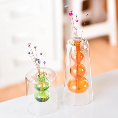 China Plant Vase Home Decoration Double Outer Glass Vase And Colored Clear Cone Shaped Inner Layered Gourd Shaped Glass Vase For Home Decoration for sale