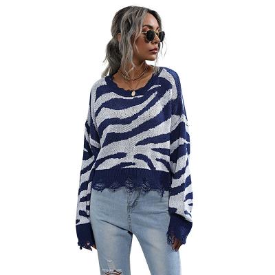 China Anti-wrinkle Summer Sweater Knitted Loose Blue Zebra Pattern Long Sleeve Tassel Neck Women's Thin Casual Sweater O Neck Sweater for sale