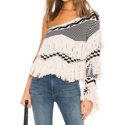 China Anti-wrinkle Women Fringed Long Oversized Sheath Sweater Knitted Causal Top Oblique Shoulder Sweater Tassel Stitching Blouse for sale