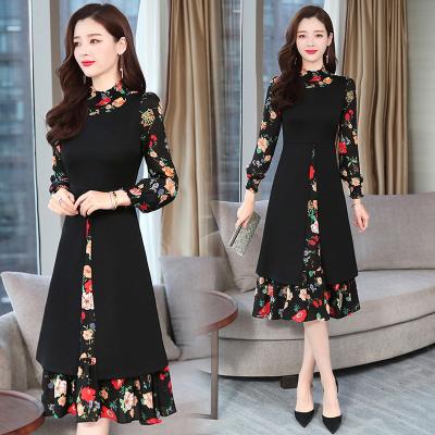 China 2022 Vintage Anti-Static Print Chiffon Long Sleeve Dresses Autumn Winter New 4XL Plus Size Bodycon Dress Elegant Women Black Party Vestidos for sale