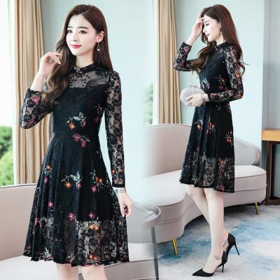 China 2022 Vintage Black Sexy Lace Anti-Static Mini Dresses Autumn Winter New 3XL Plus Size Long Sleeve Dress Elegant Women Bodycon Party Vestidos for sale