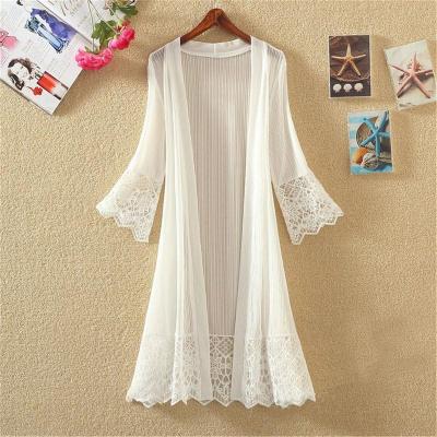 China Anti-wrinkle 2022 Spring Summer Women Chiffon Tunic Kimono Cardigan Lace Up Long Sleeve Ruffles Hollow Out Loose Ladies Knit Cardigans Shirts for sale