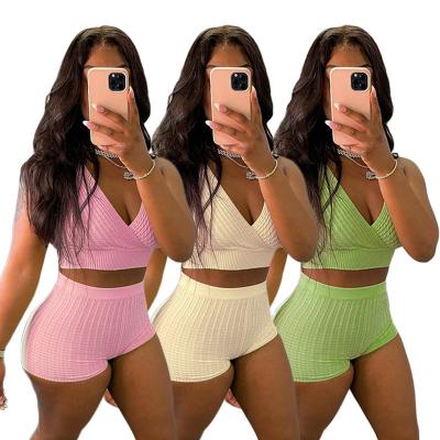 China Sexy Knitted Rib Wrap Anti-Wrinkle Sportswear Bubble Jacquard Shorts Casual Sweatpants Women's Sexy V-Neck Crop Top Biker Shorts Two-Piece Set Outfit for sale