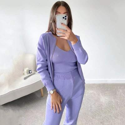 China free sample Anti-wrinkle fashion sport knit three pieces set cardigan top vest zipper crop sports casual pant suit plus size women sweater for sale