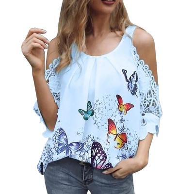 China Anti-Wrinkle Women's Shirt O-Neck Butterfly Printing Casual Short Sleeve T-shirt Hollow Tops Summer Casual Oversized Print Shirt Tops for sale