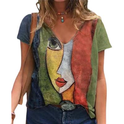 China Regular Women's Casual Summer V-Neck T-shirt Printing Oversized Shirt Tops Loose Vintage Tee Streetwear Shorts Female Clothes for sale