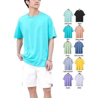 China Anti-Wrinkle 210GSM 40S 100% Combed Men's Loose T-shirt BIO-POLISH COTTON FABRIC T-shirt Custom Logo Drop Shoulder T-shirt for sale